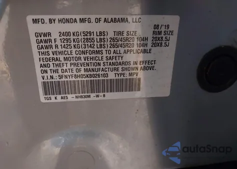 2019 Honda Passport Elite from USA, damaged, VIN 5FNYF8H05KB026103